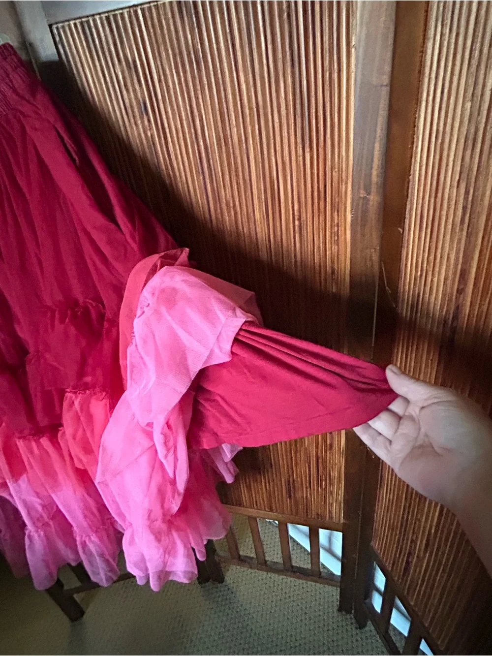 A-line skirt with ruffle tiers in burgundy and pink with elastic waist band. - Picture 3 of 12